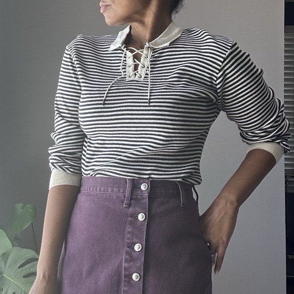 Basic Editions Tops - Vintage Basic Edition Lace Up Top Womens Size Small Navy Blue‎ Stripes 90s Y2K